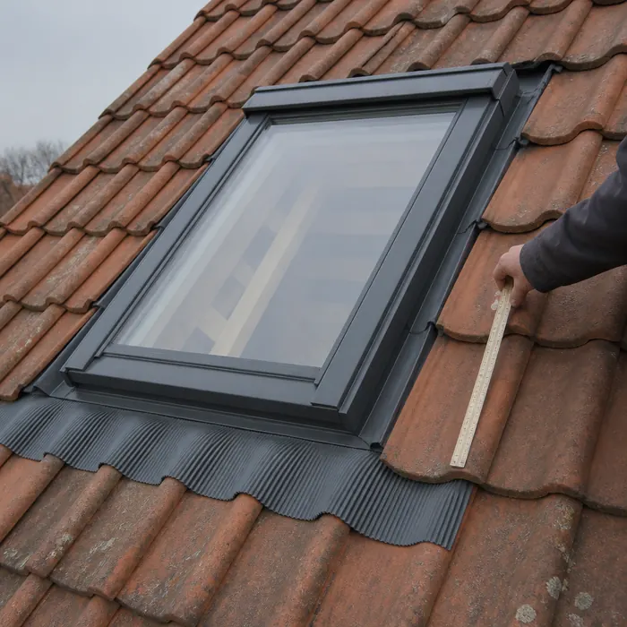 Eingebautes Dachfenster mit sauber eingedecktem Eindeckrahmen