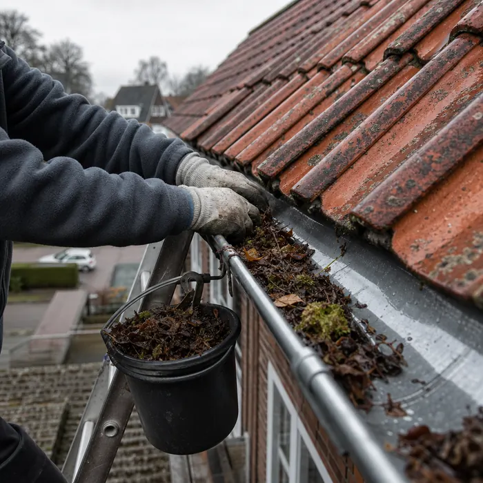 Reinigung einer Zinkdachrinne an einer Ziegeltraufe