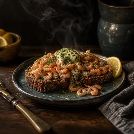 Nordseekrabben auf dunklem Brot mit Kräuterbutter