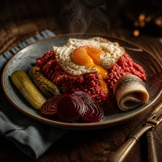 Labskaus mit Spiegelei, Rollmops und Roter Bete