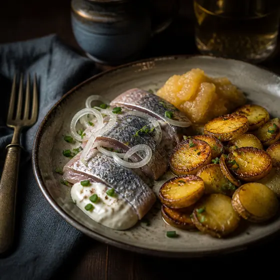 Matjes mit Bratkartoffeln, Sauerrahm und Zwiebeln