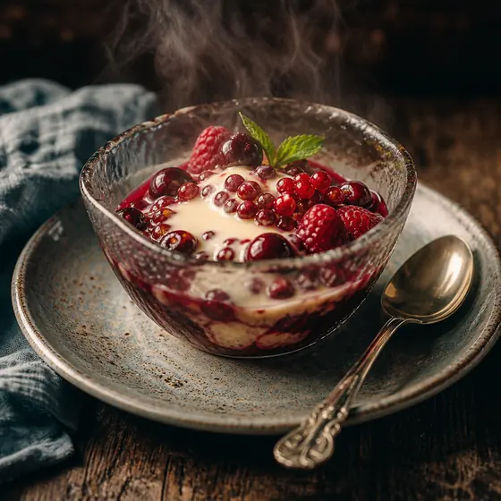 Rote Grütze mit Vanillesauce im Glas