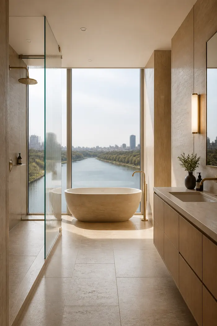 Badezimmer in Travertin mit freistehender Wanne vor raumhohem Fenster
