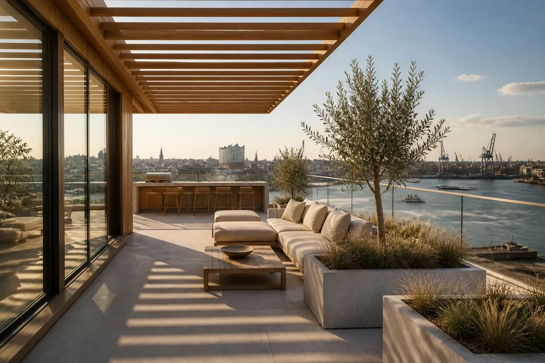 Dachterrasse mit Eichenpergola, Pflanzkübeln und Blick über die Elbe