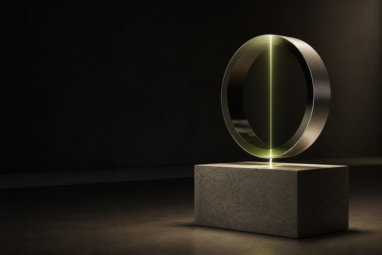 Skulpturale Lichtinstallation aus Metall und Glas auf einem Steinpodest